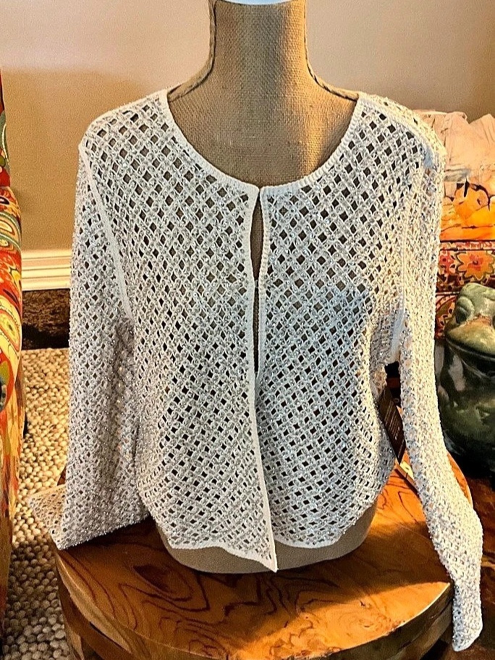 Boston Proper Openwork Sequin Cardigan in Ivory- Size Medium -NWT
